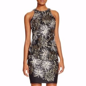 Black Embroidered High Neck Front Sheath Dress